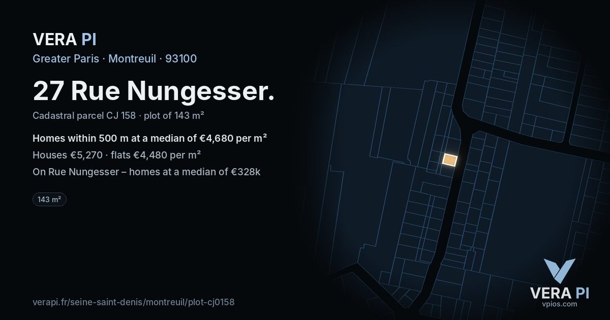 27 Rue Nungesser, Montreuil at night – the plot lit, the parcels around coloured by the prices near them