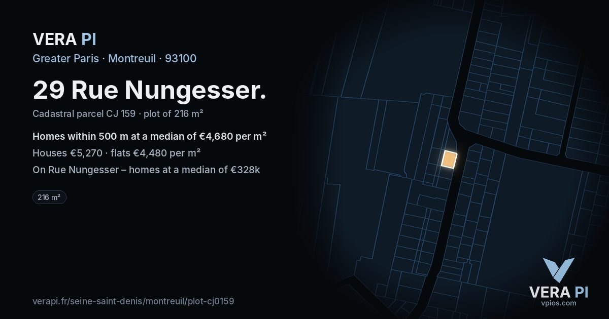 29 Rue Nungesser, Montreuil at night – the plot lit, the parcels around coloured by the prices near them