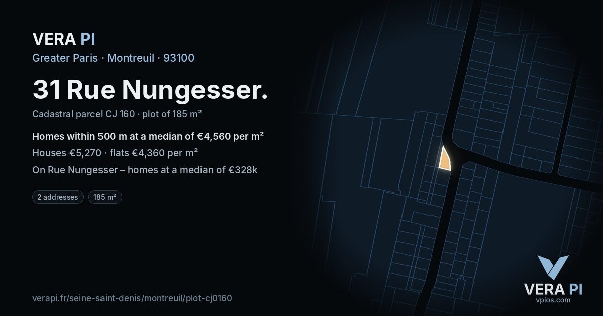 31 Rue Nungesser, Montreuil at night – the plot lit, the parcels around coloured by the prices near them