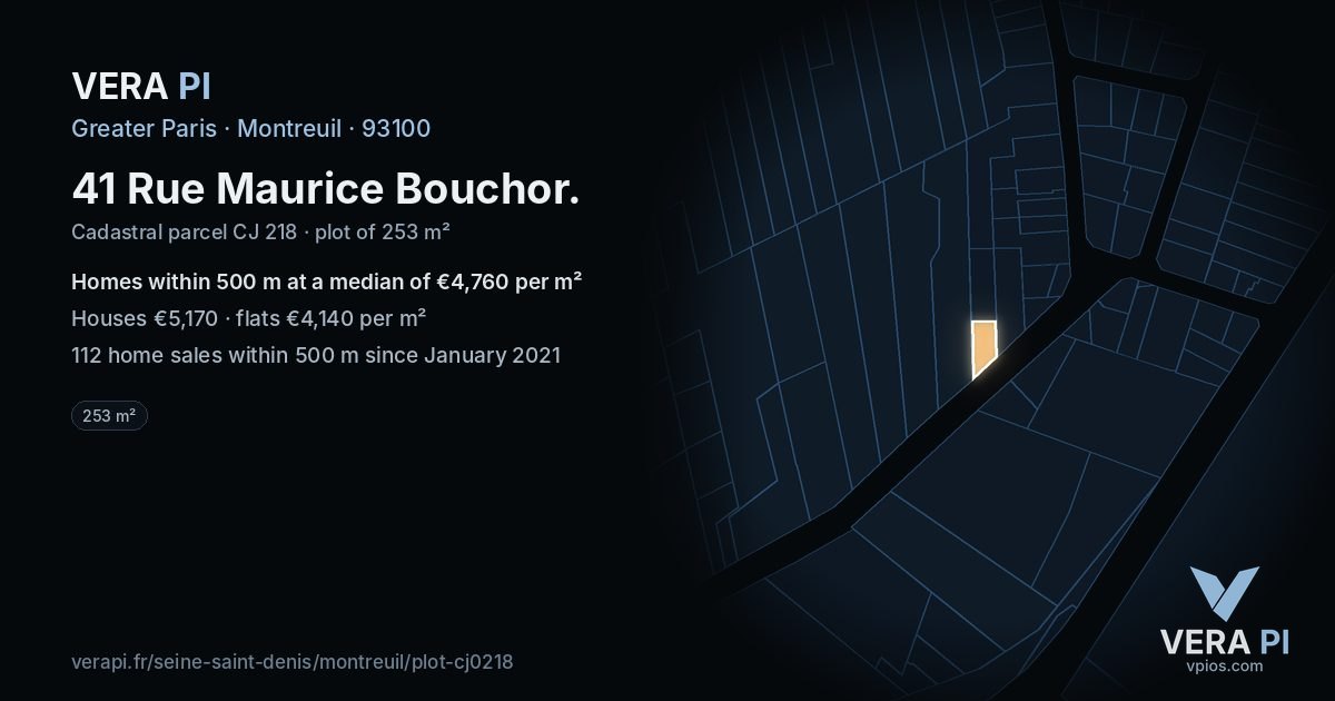 41 Rue Maurice Bouchor, Montreuil at night – the plot lit, the parcels around coloured by the prices near them