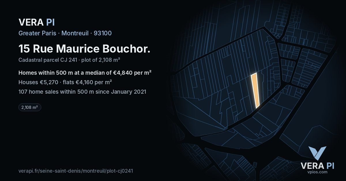 15 Rue Maurice Bouchor, Montreuil at night – the plot lit, the parcels around coloured by the prices near them