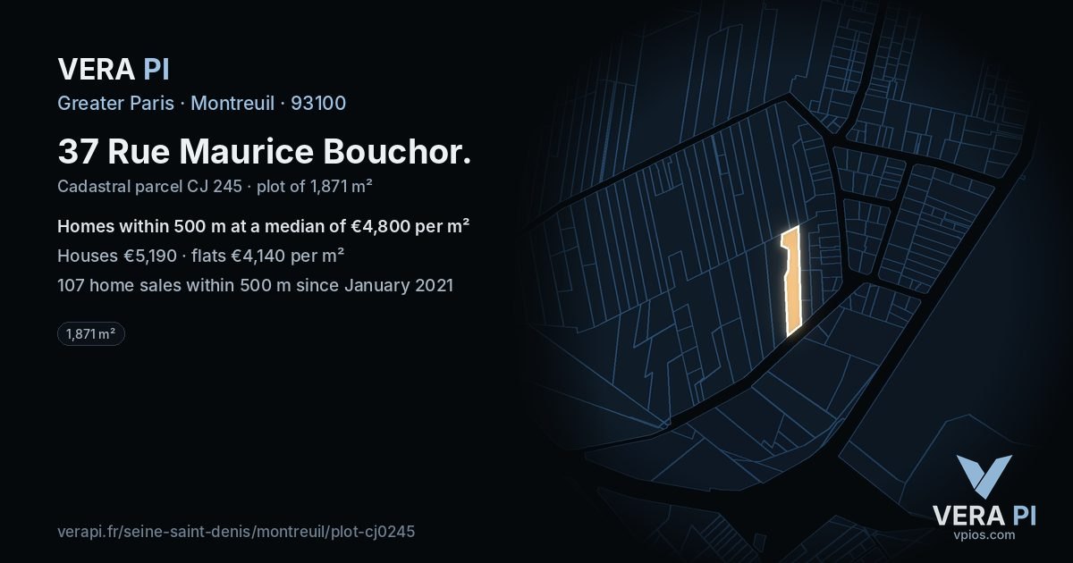 37 Rue Maurice Bouchor, Montreuil at night – the plot lit, the parcels around coloured by the prices near them