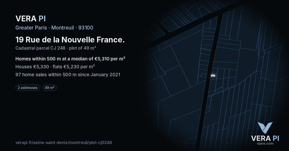 19 Rue de la Nouvelle France, Montreuil at night – the plot lit, the parcels around coloured by the prices near them