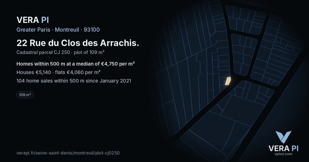 22 Rue du Clos des Arrachis, Montreuil at night – the plot lit, the parcels around coloured by the prices near them