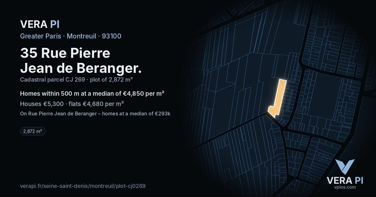 35 Rue Pierre Jean de Beranger, Montreuil at night – the plot lit, the parcels around coloured by the prices near them