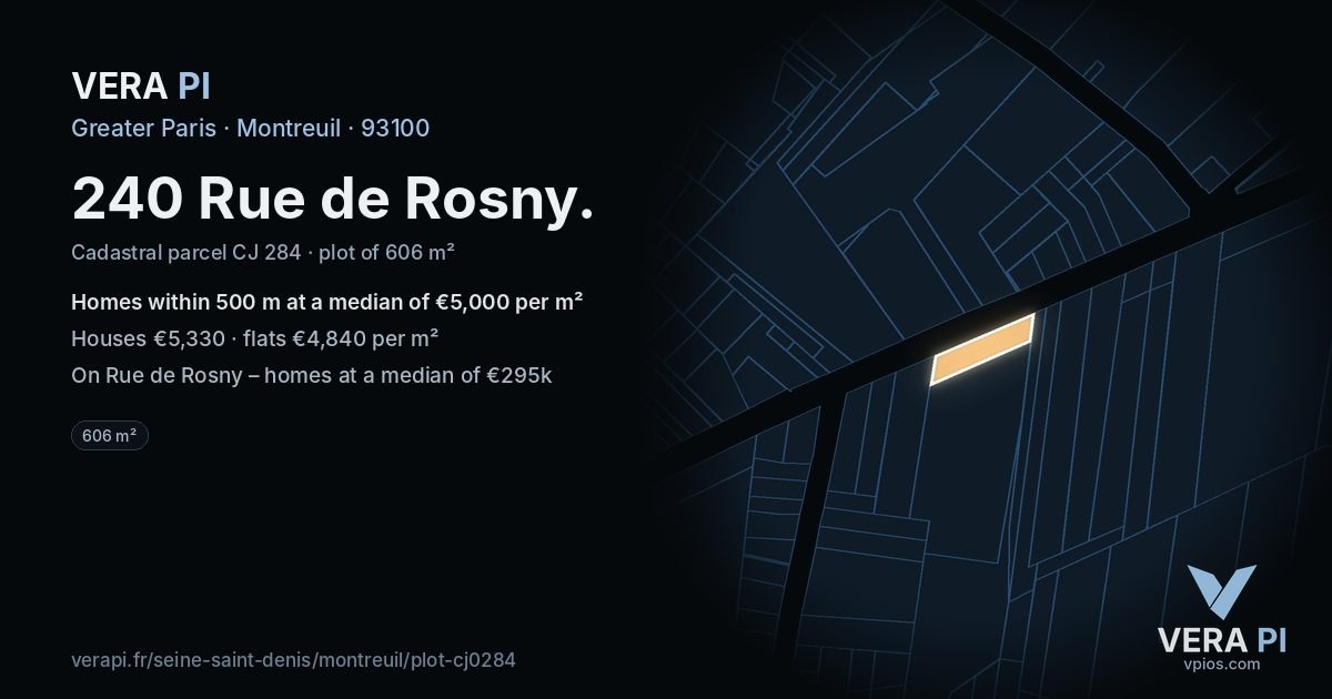 240 Rue de Rosny, Montreuil at night – the plot lit, the parcels around coloured by the prices near them