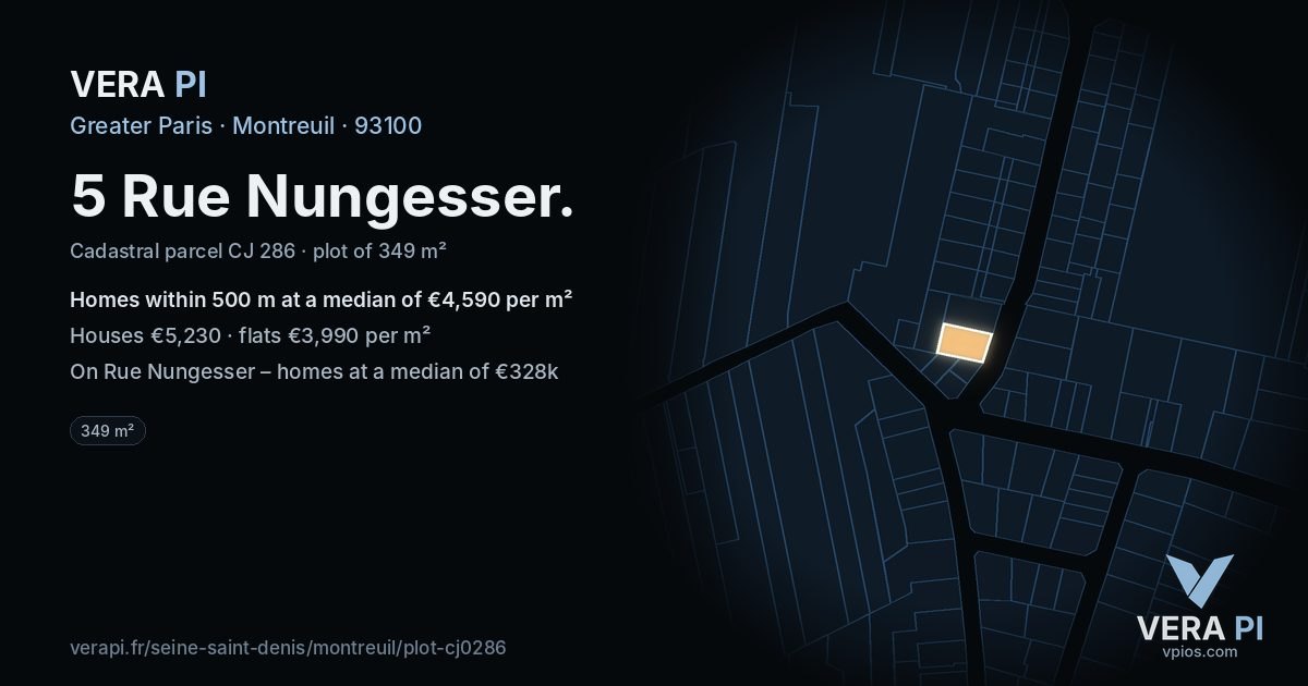 5 Rue Nungesser, Montreuil at night – the plot lit, the parcels around coloured by the prices near them