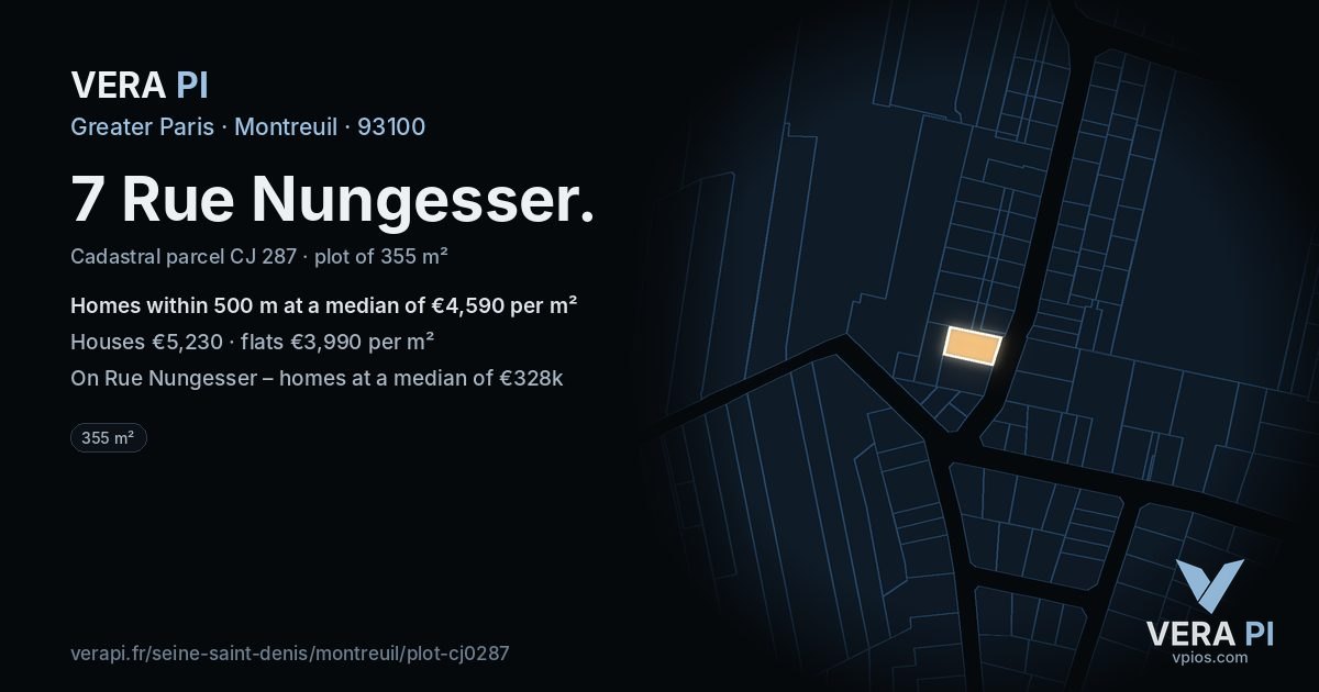 7 Rue Nungesser, Montreuil at night – the plot lit, the parcels around coloured by the prices near them
