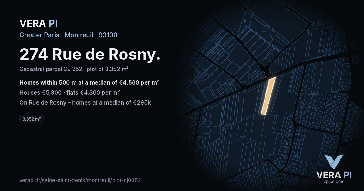 274 Rue de Rosny, Montreuil at night – the plot lit, the parcels around coloured by the prices near them