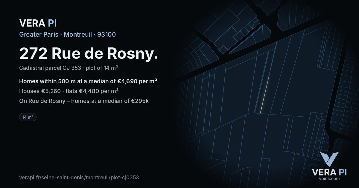 272 Rue de Rosny, Montreuil at night – the plot lit, the parcels around coloured by the prices near them