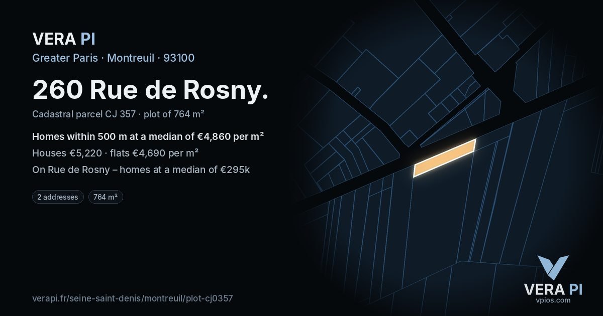 260 Rue de Rosny, Montreuil at night – the plot lit, the parcels around coloured by the prices near them