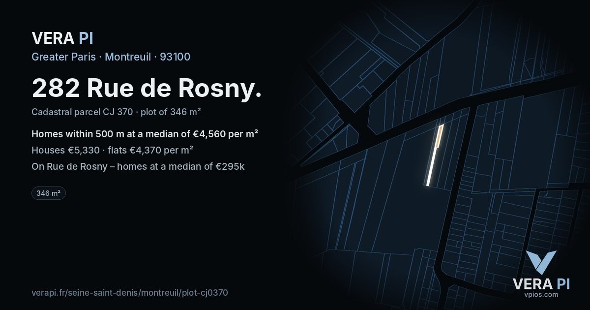282 Rue de Rosny, Montreuil at night – the plot lit, the parcels around coloured by the prices near them