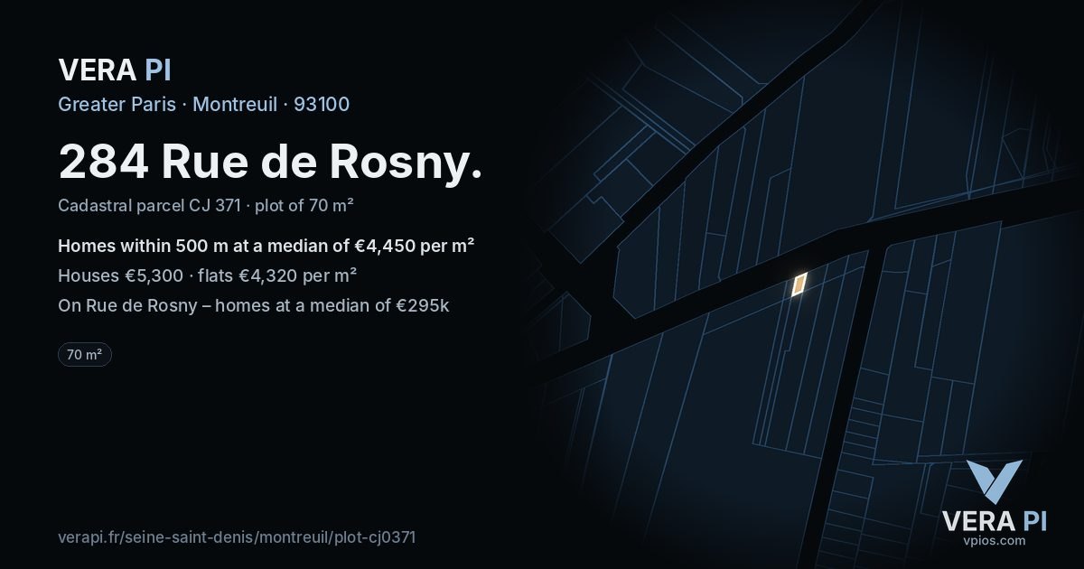 284 Rue de Rosny, Montreuil at night – the plot lit, the parcels around coloured by the prices near them