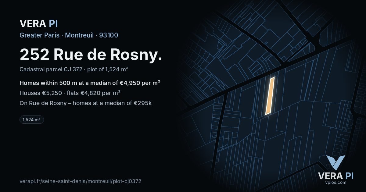 252 Rue de Rosny, Montreuil at night – the plot lit, the parcels around coloured by the prices near them