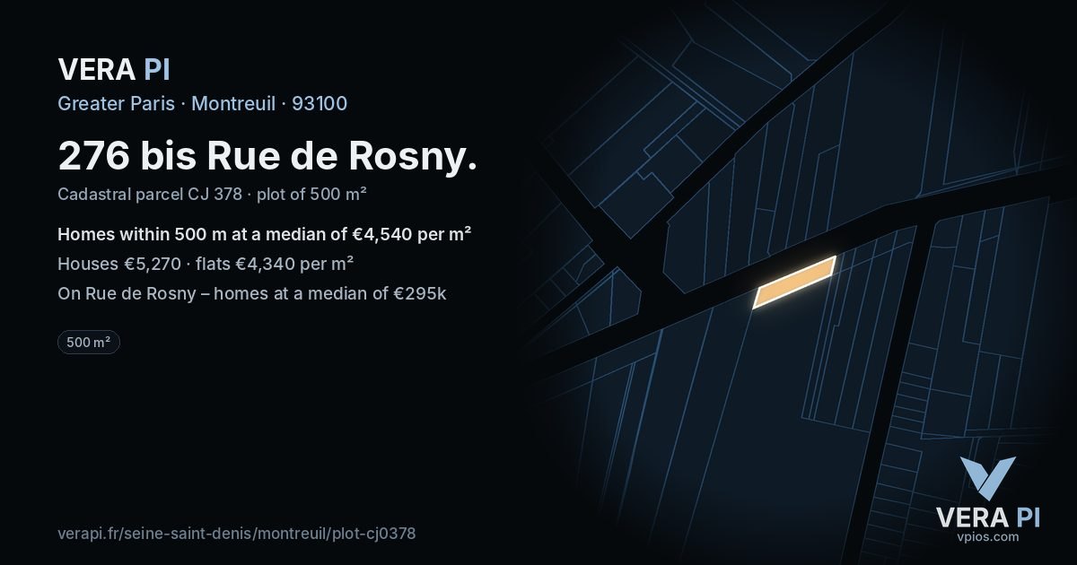 276 bis Rue de Rosny, Montreuil at night – the plot lit, the parcels around coloured by the prices near them