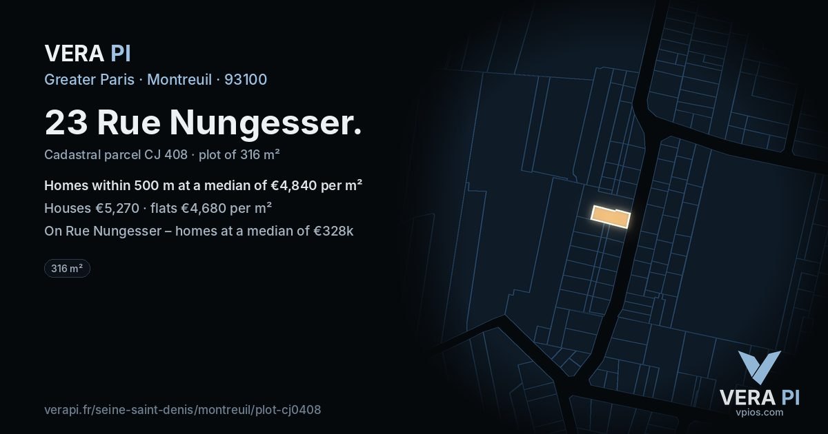 23 Rue Nungesser, Montreuil at night – the plot lit, the parcels around coloured by the prices near them