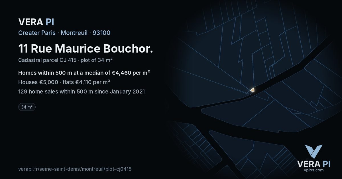 11 Rue Maurice Bouchor, Montreuil at night – the plot lit, the parcels around coloured by the prices near them