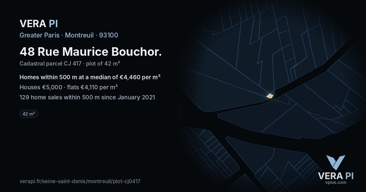 48 Rue Maurice Bouchor, Montreuil at night – the plot lit, the parcels around coloured by the prices near them