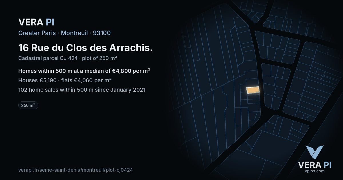 16 Rue du Clos des Arrachis, Montreuil at night – the plot lit, the parcels around coloured by the prices near them