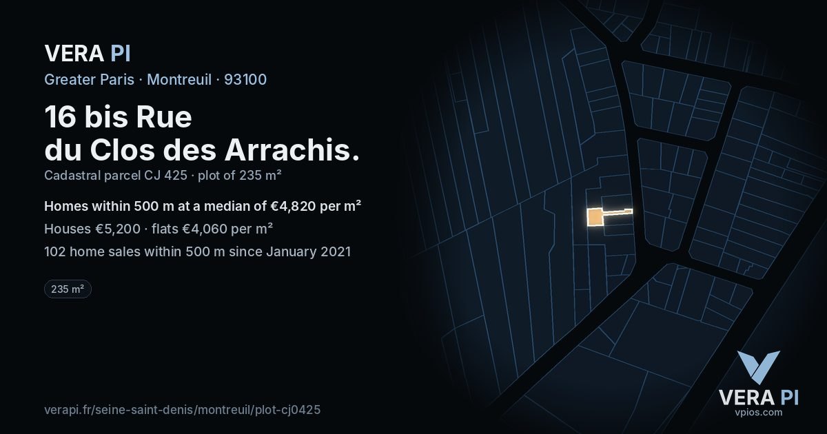 16 bis Rue du Clos des Arrachis, Montreuil at night – the plot lit, the parcels around coloured by the prices near them