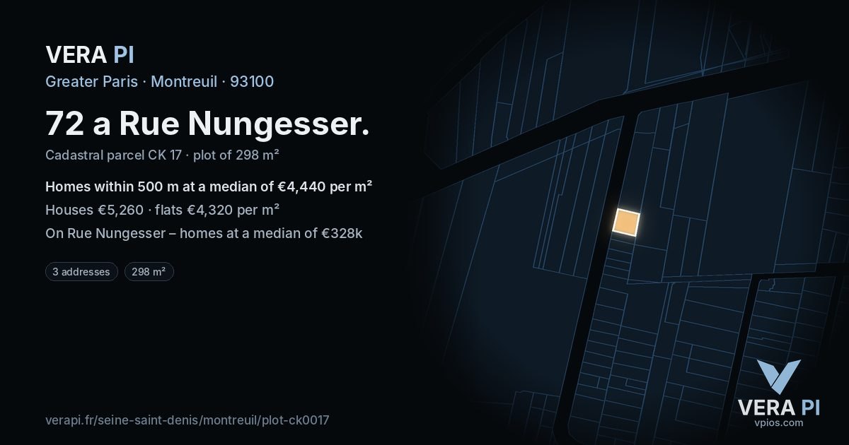 72 a Rue Nungesser, Montreuil at night – the plot lit, the parcels around coloured by the prices near them