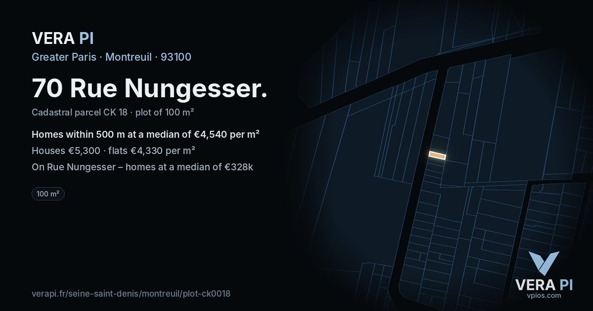70 Rue Nungesser, Montreuil at night – the plot lit, the parcels around coloured by the prices near them