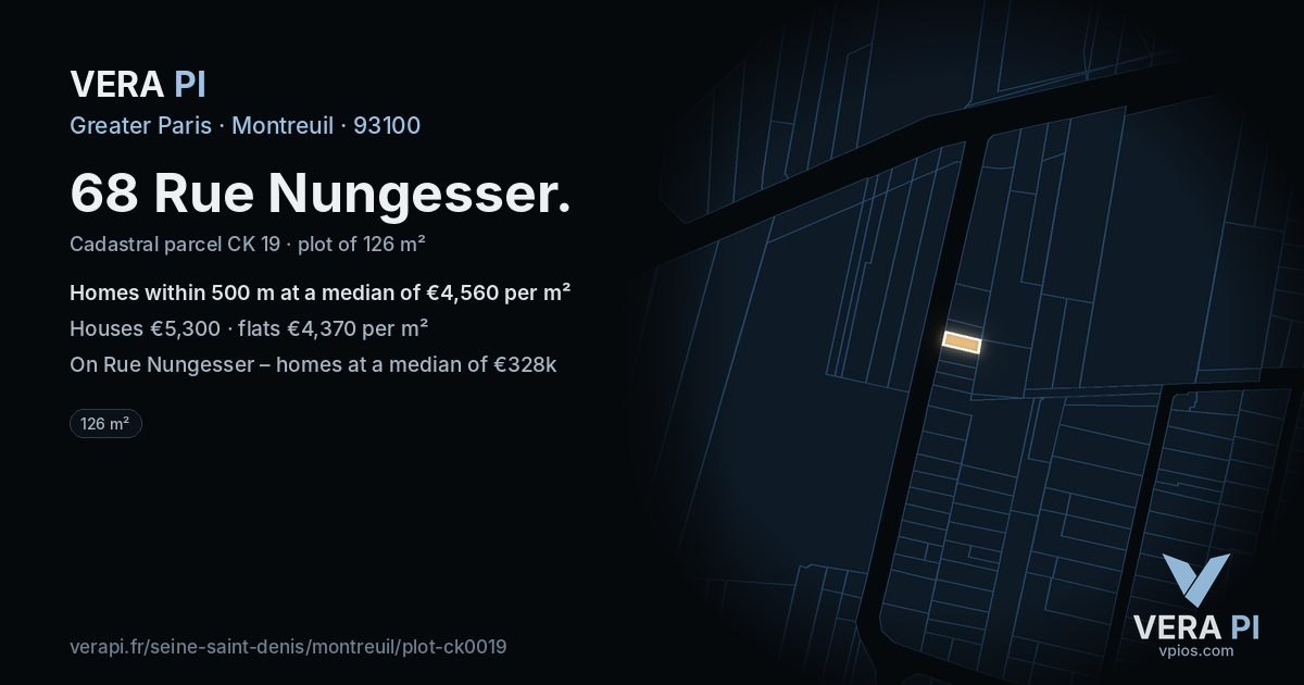 68 Rue Nungesser, Montreuil at night – the plot lit, the parcels around coloured by the prices near them