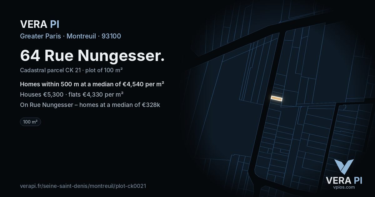 64 Rue Nungesser, Montreuil at night – the plot lit, the parcels around coloured by the prices near them