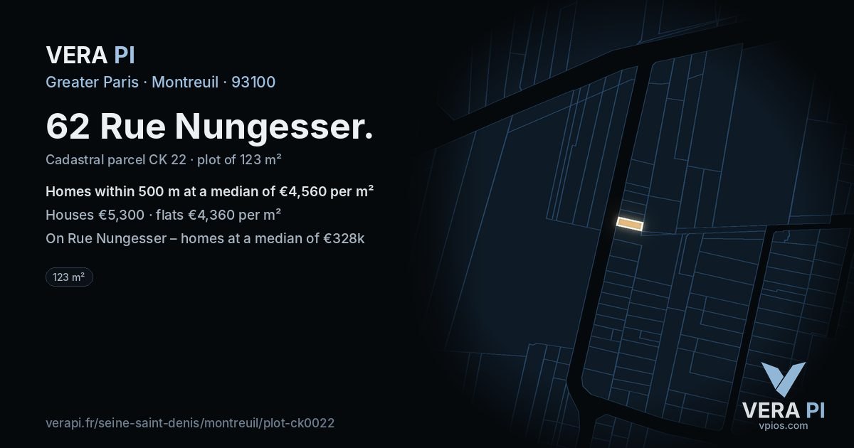 62 Rue Nungesser, Montreuil at night – the plot lit, the parcels around coloured by the prices near them