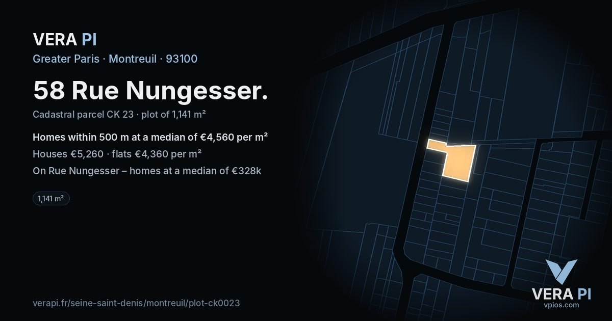 58 Rue Nungesser, Montreuil at night – the plot lit, the parcels around coloured by the prices near them