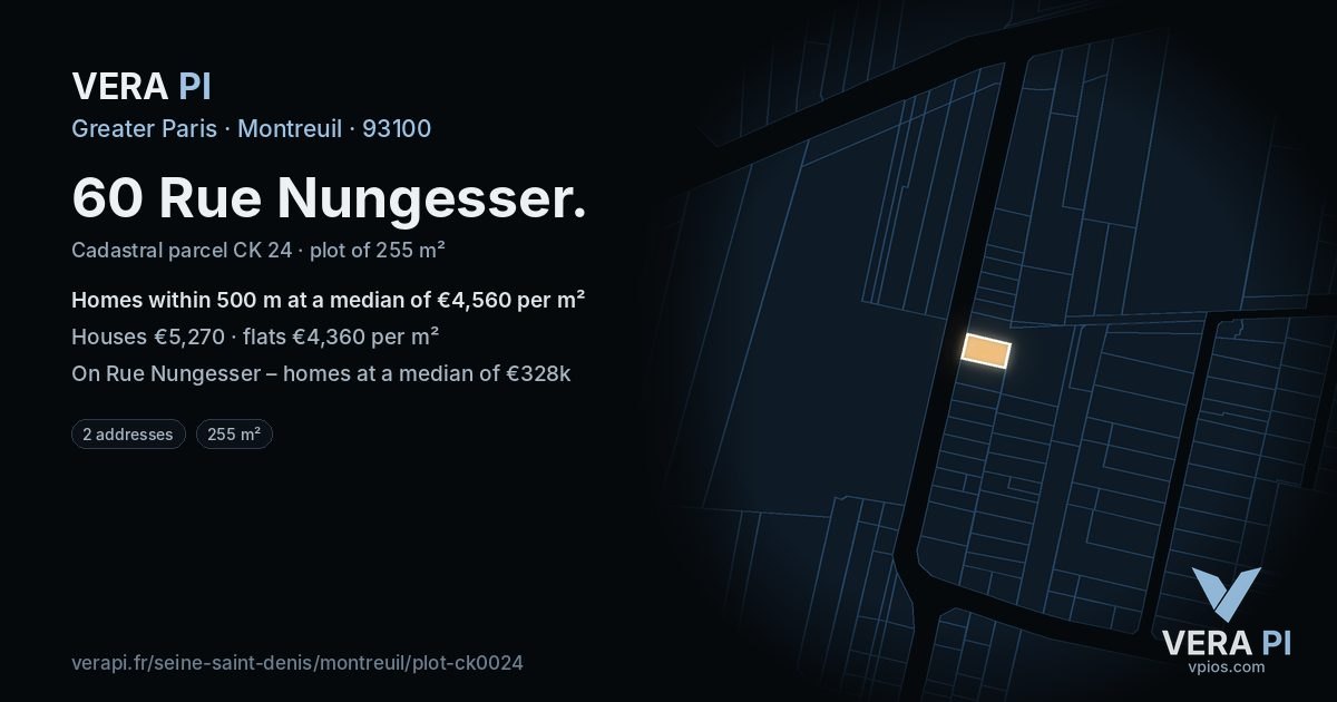 60 Rue Nungesser, Montreuil at night – the plot lit, the parcels around coloured by the prices near them