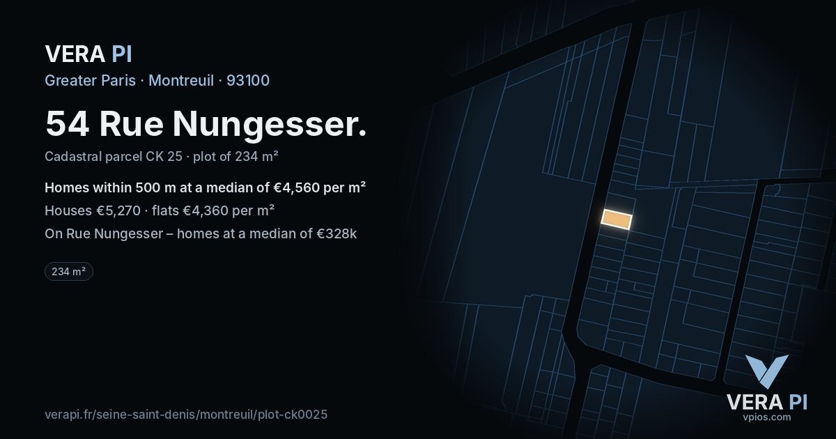 54 Rue Nungesser, Montreuil at night – the plot lit, the parcels around coloured by the prices near them