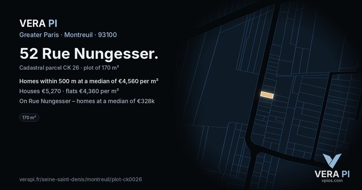 52 Rue Nungesser, Montreuil at night – the plot lit, the parcels around coloured by the prices near them