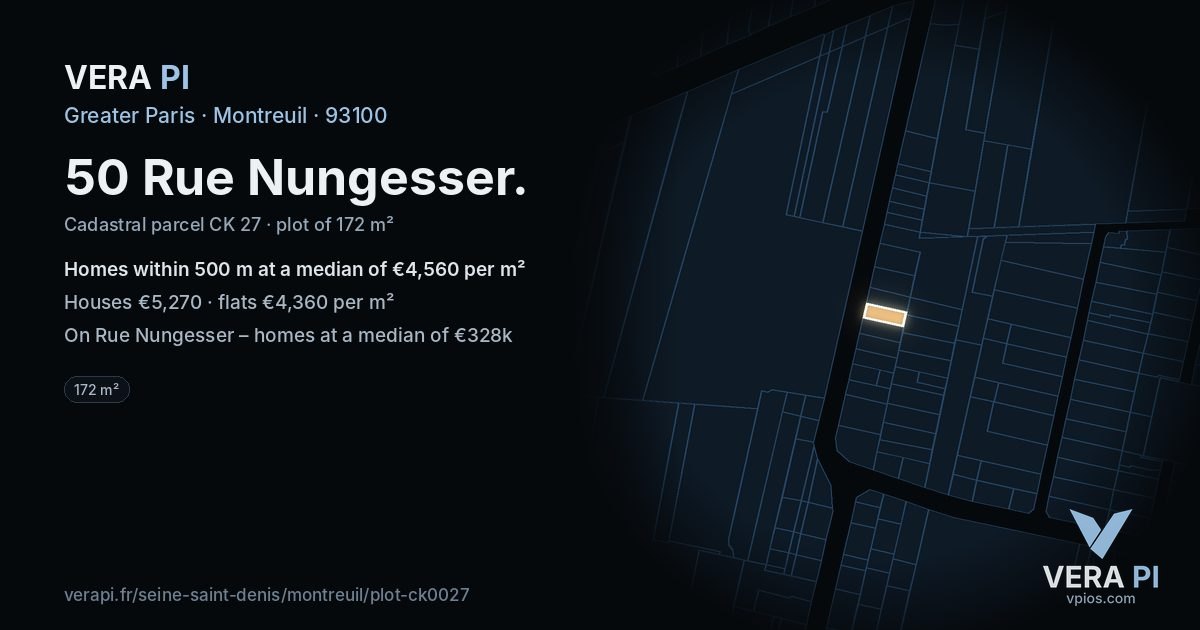 50 Rue Nungesser, Montreuil at night – the plot lit, the parcels around coloured by the prices near them