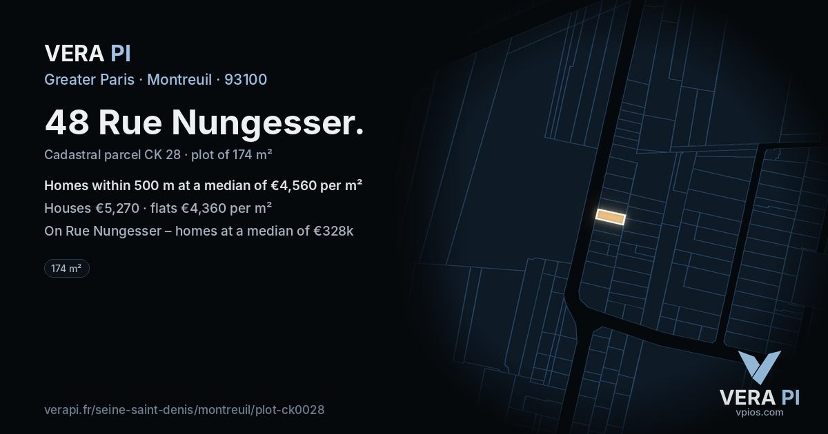 48 Rue Nungesser, Montreuil at night – the plot lit, the parcels around coloured by the prices near them
