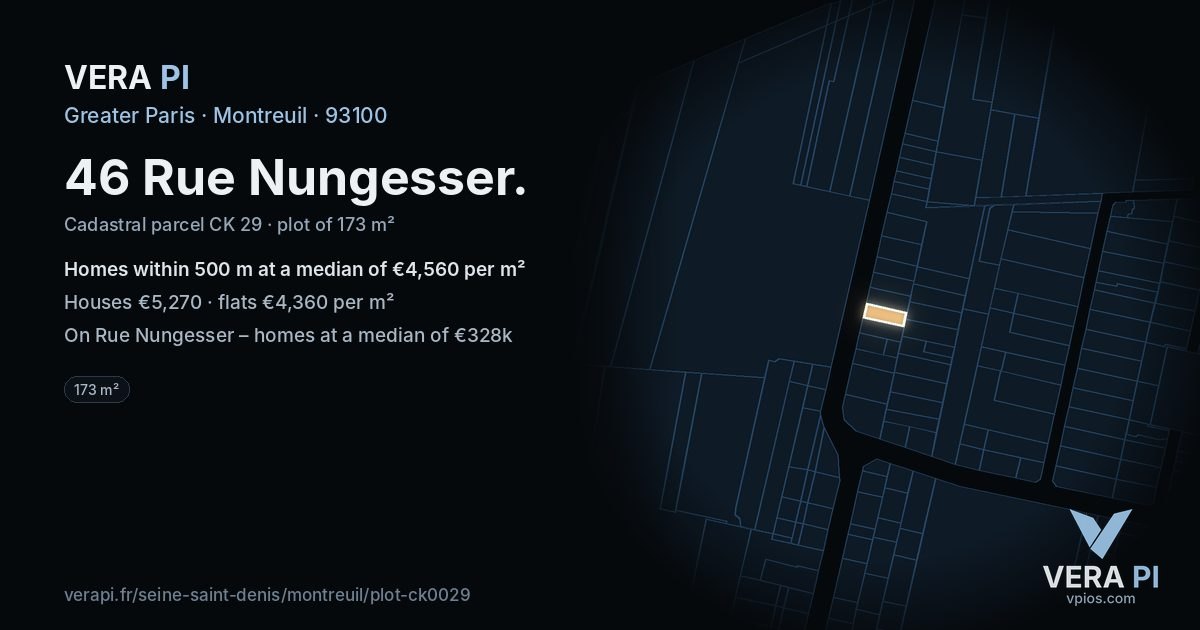 46 Rue Nungesser, Montreuil at night – the plot lit, the parcels around coloured by the prices near them