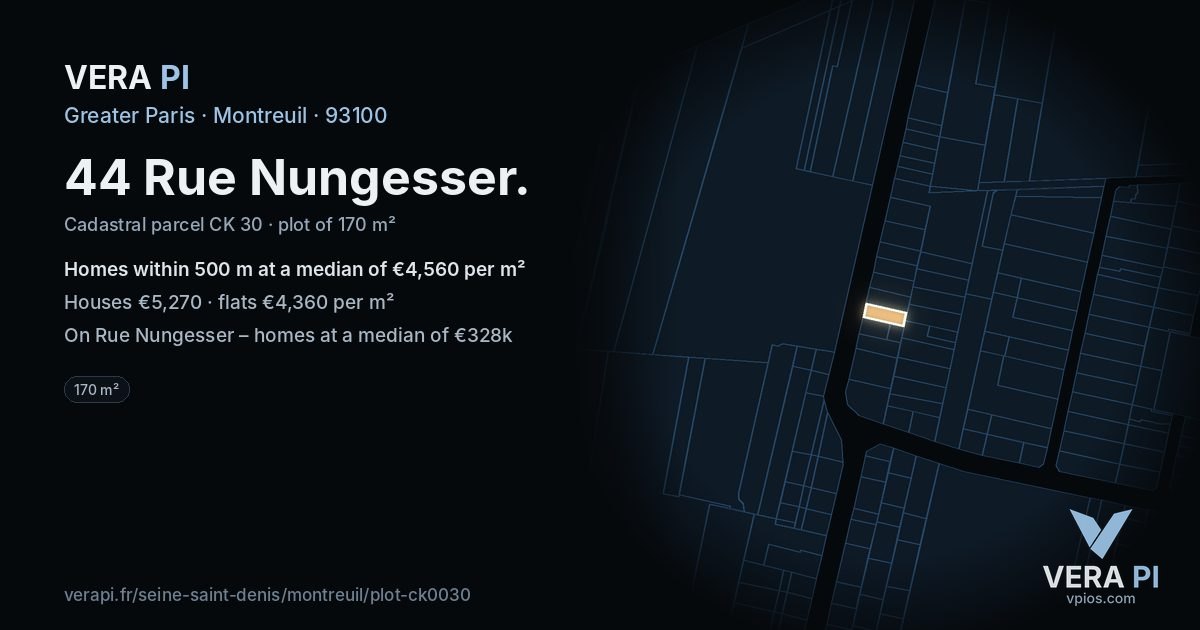44 Rue Nungesser, Montreuil at night – the plot lit, the parcels around coloured by the prices near them