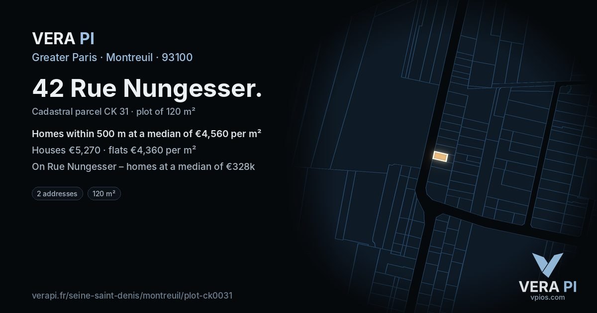 42 Rue Nungesser, Montreuil at night – the plot lit, the parcels around coloured by the prices near them