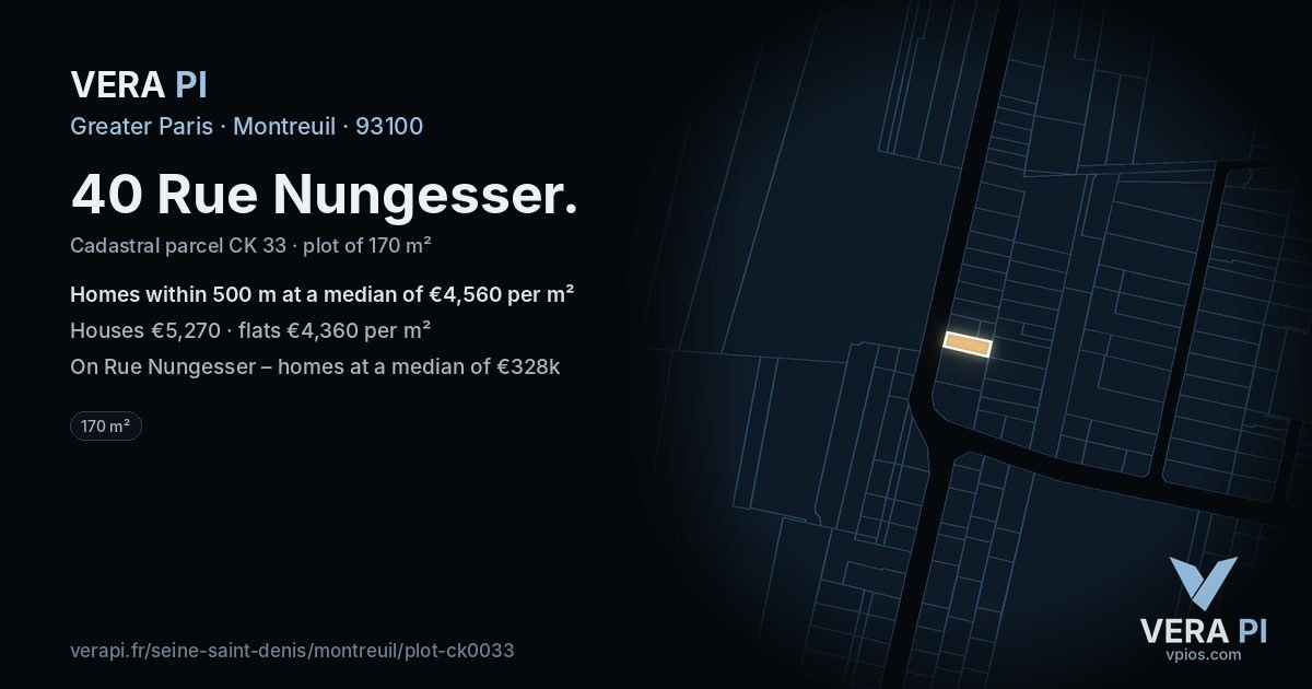 40 Rue Nungesser, Montreuil at night – the plot lit, the parcels around coloured by the prices near them