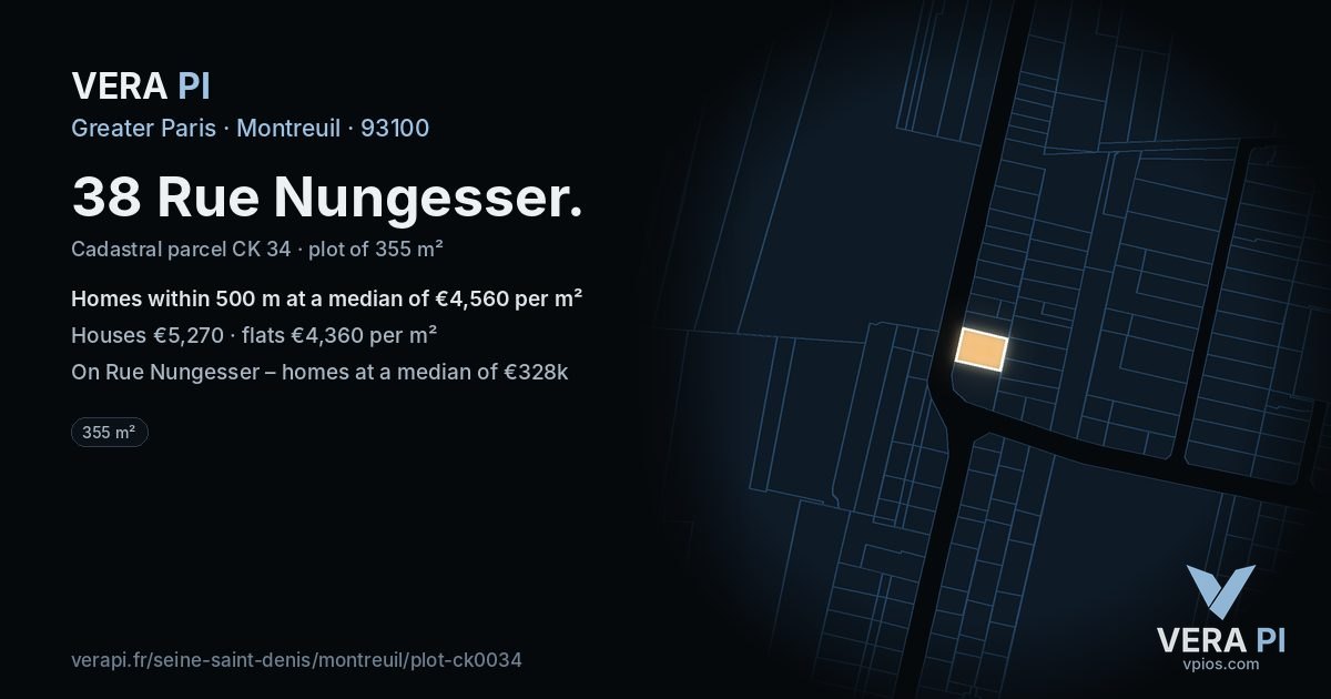 38 Rue Nungesser, Montreuil at night – the plot lit, the parcels around coloured by the prices near them