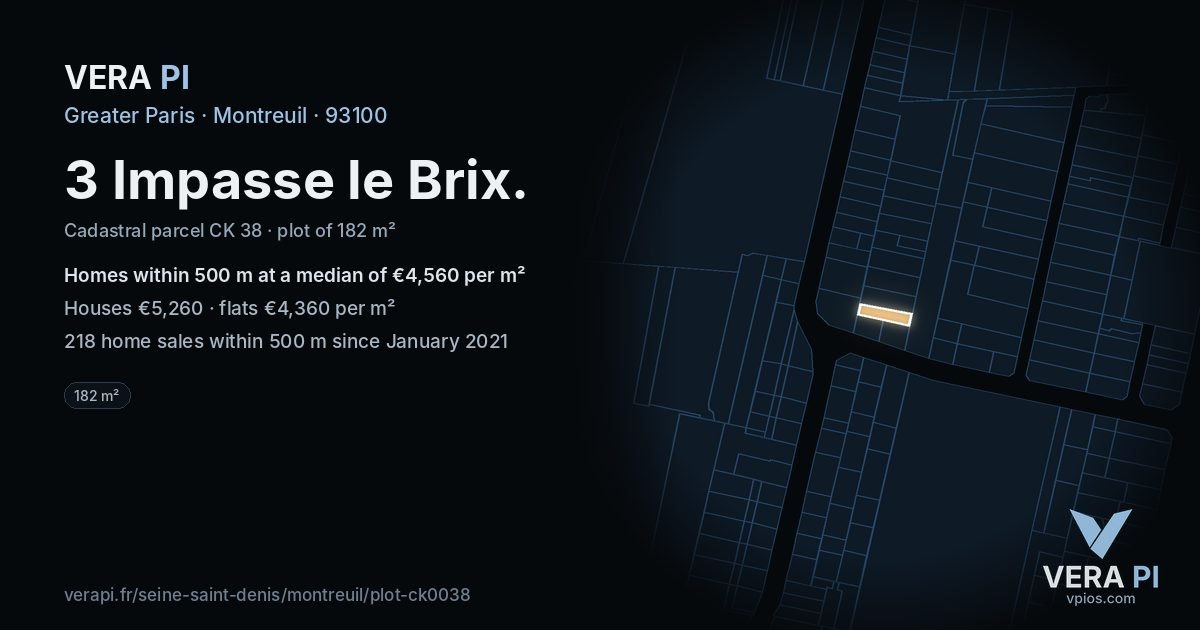 3 Impasse le Brix, Montreuil at night – the plot lit, the parcels around coloured by the prices near them