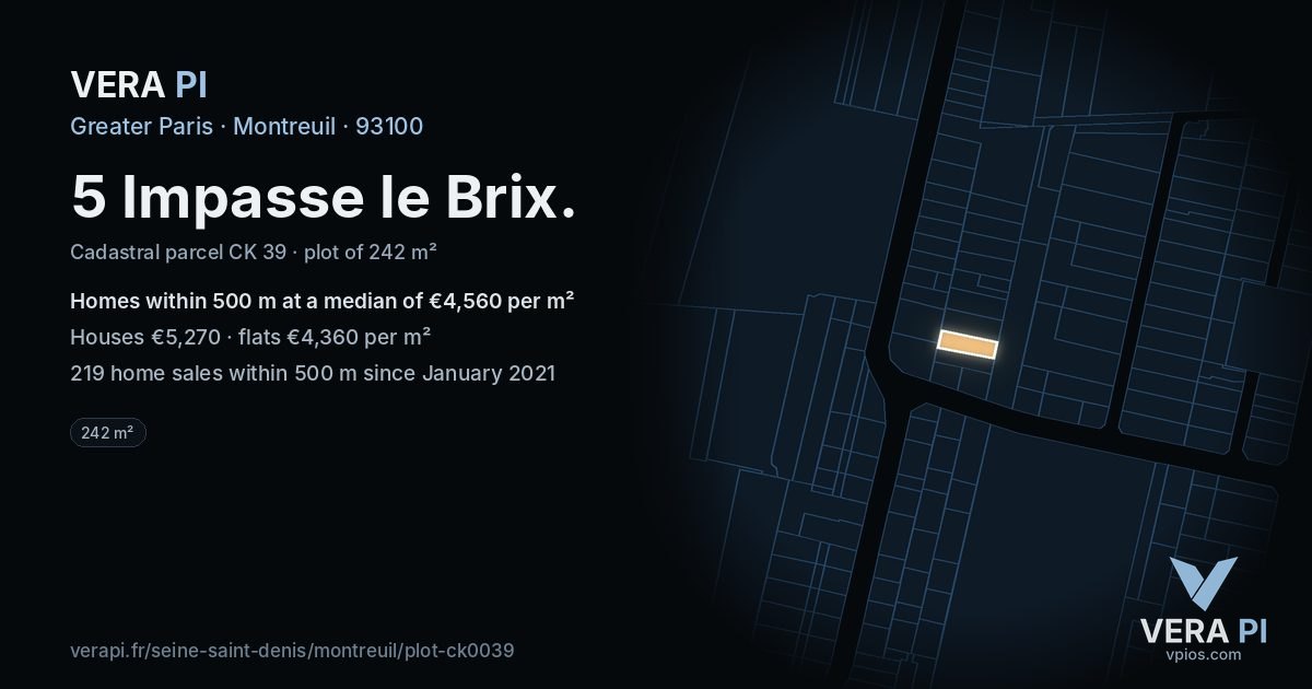 5 Impasse le Brix, Montreuil at night – the plot lit, the parcels around coloured by the prices near them