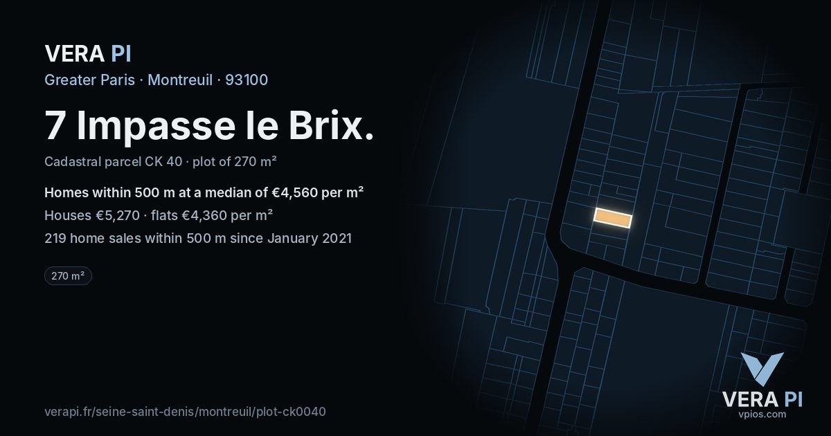 7 Impasse le Brix, Montreuil at night – the plot lit, the parcels around coloured by the prices near them