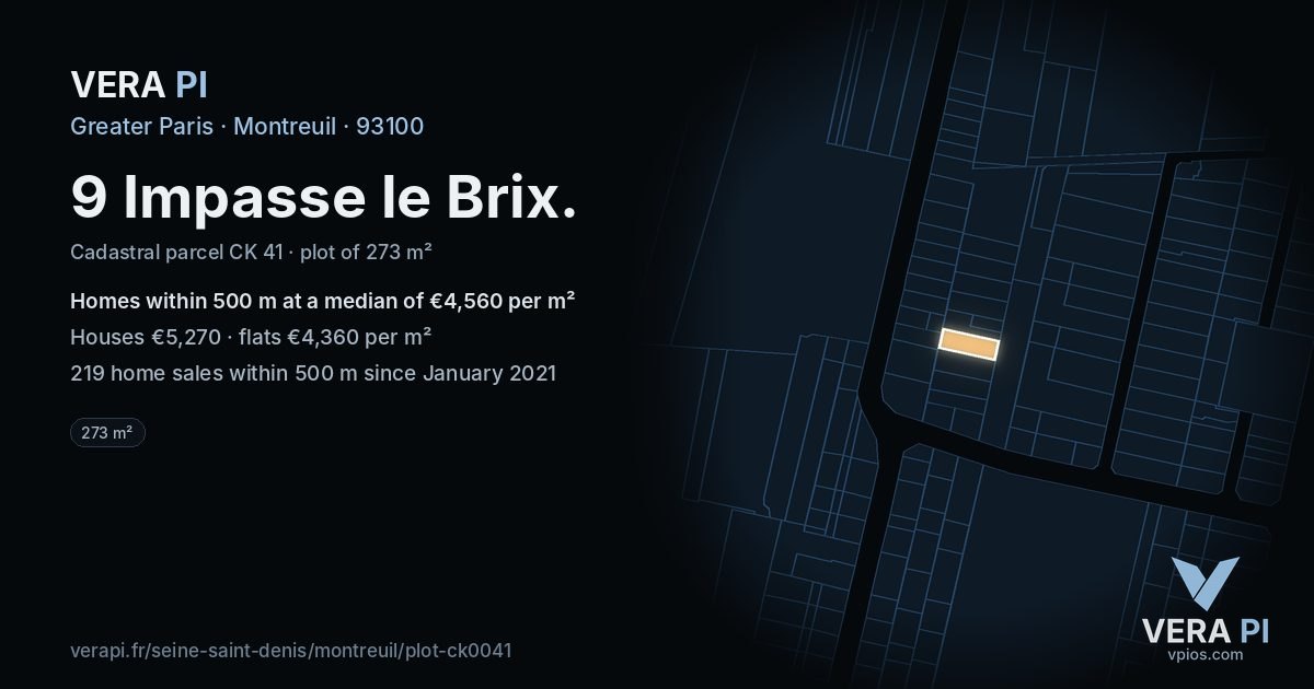 9 Impasse le Brix, Montreuil at night – the plot lit, the parcels around coloured by the prices near them