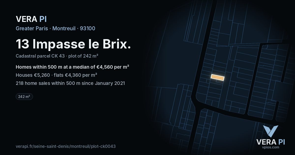 13 Impasse le Brix, Montreuil at night – the plot lit, the parcels around coloured by the prices near them