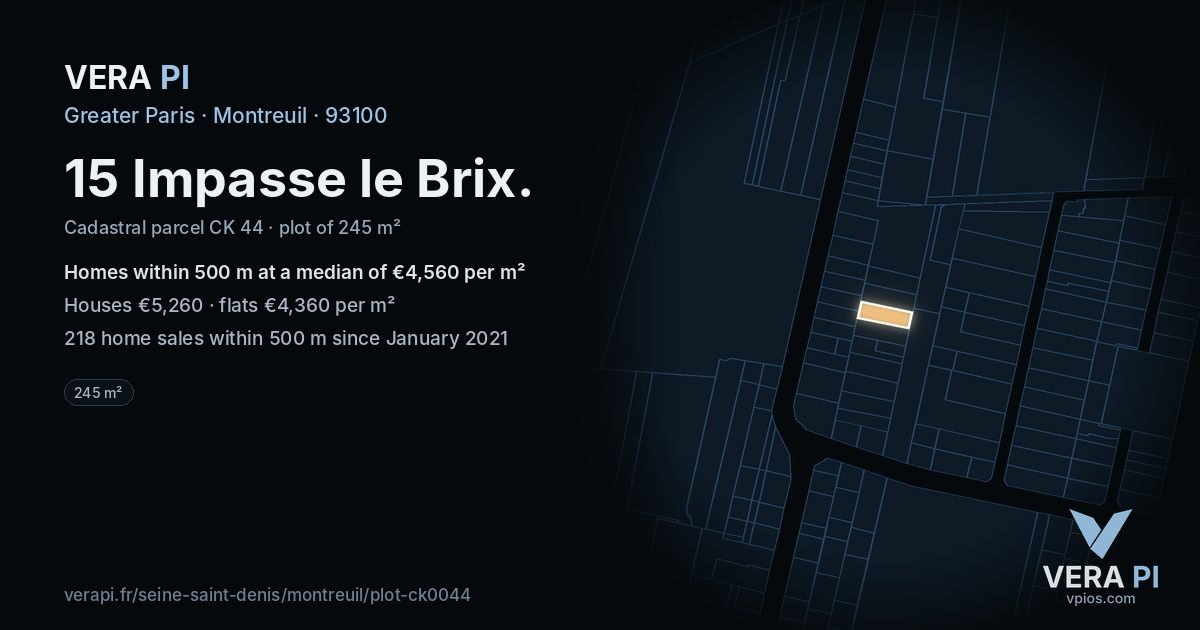 15 Impasse le Brix, Montreuil at night – the plot lit, the parcels around coloured by the prices near them