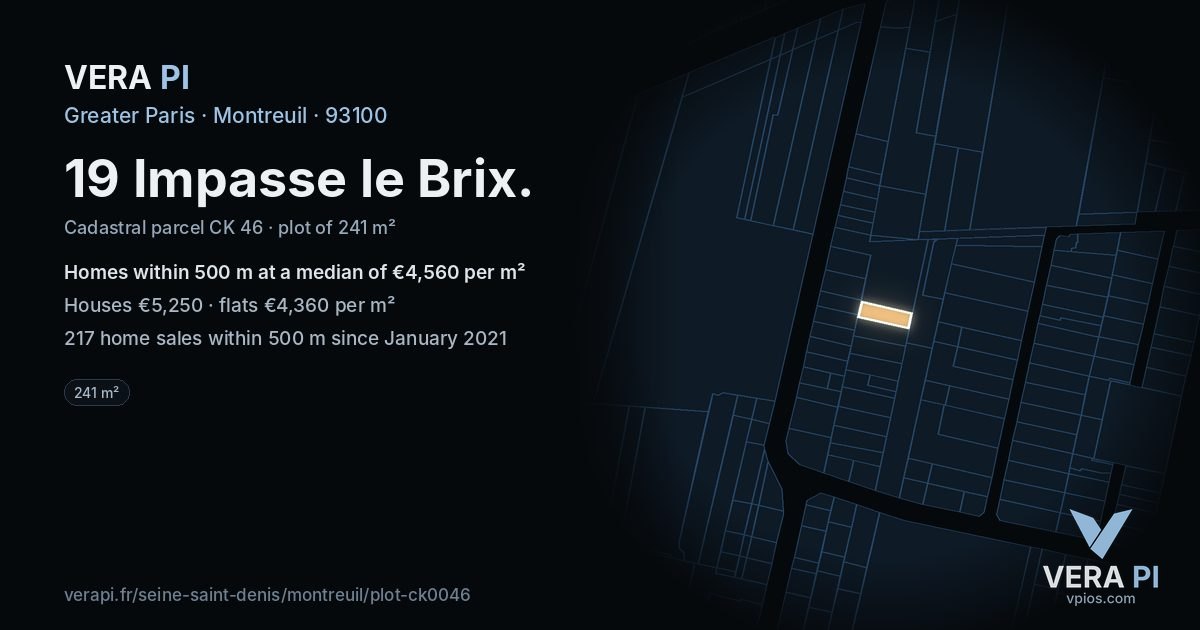 19 Impasse le Brix, Montreuil at night – the plot lit, the parcels around coloured by the prices near them