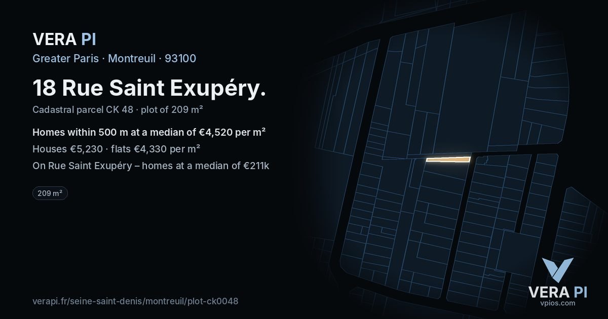 18 Rue Saint Exupéry, Montreuil at night – the plot lit, the parcels around coloured by the prices near them