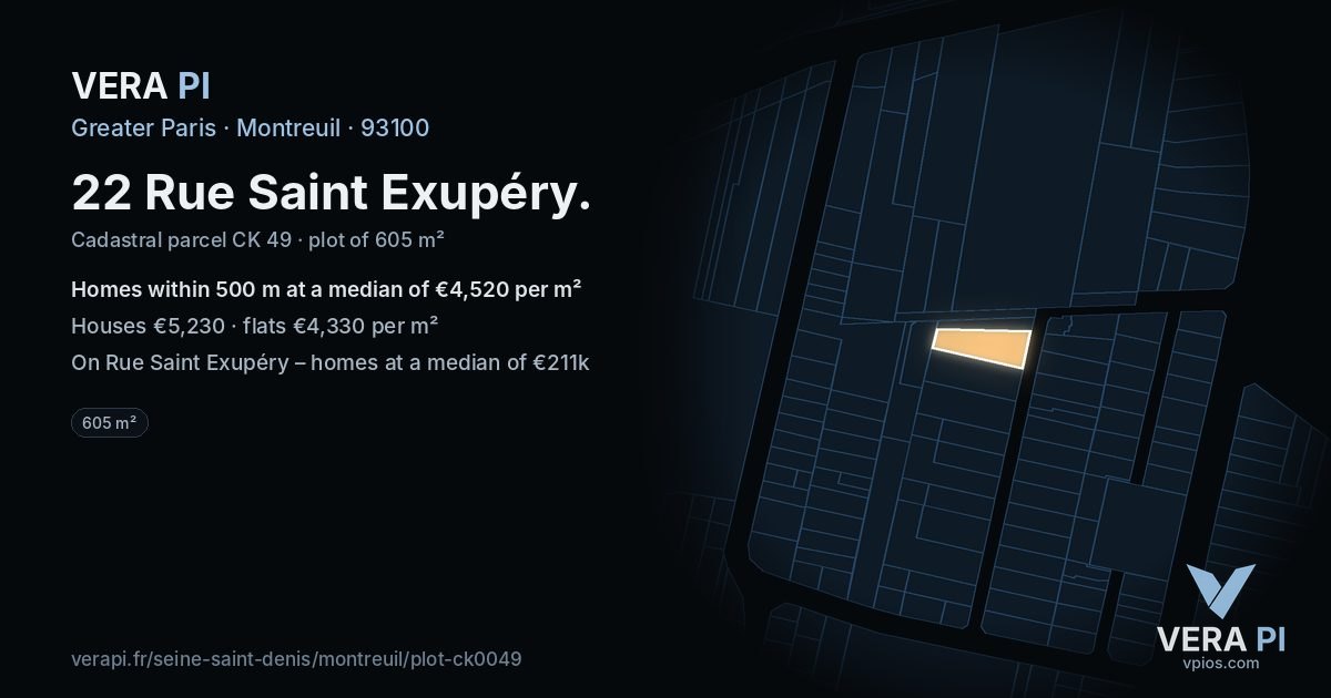 22 Rue Saint Exupéry, Montreuil at night – the plot lit, the parcels around coloured by the prices near them