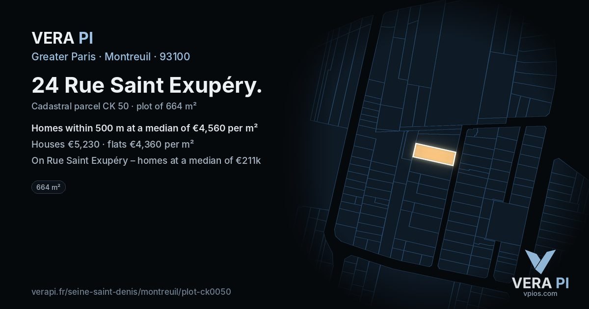 24 Rue Saint Exupéry, Montreuil at night – the plot lit, the parcels around coloured by the prices near them